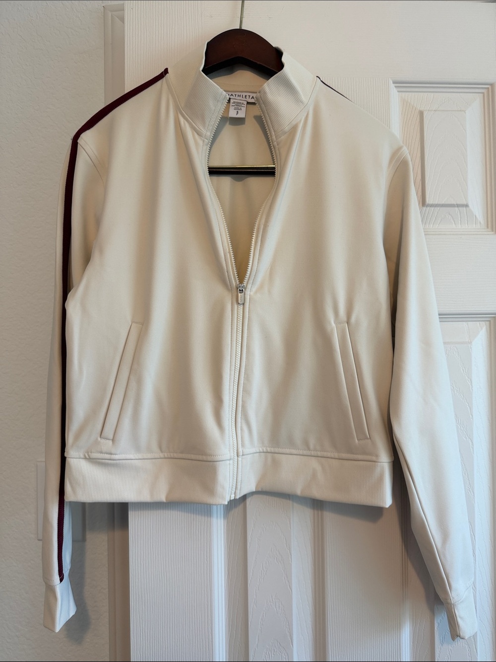 Athleta Cream Zip-Front Track Jacket with Burgundy Shoulder Stripe